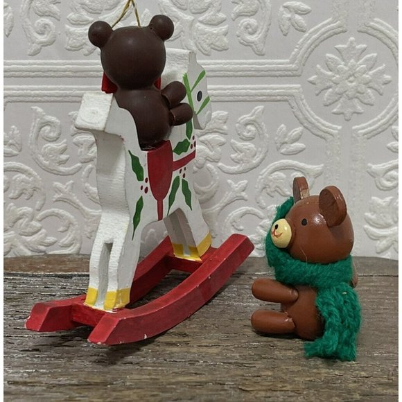 Set Of 2 Teddy Bear Ornaments - Brown Wooden Wood Miniature Ornament - Picture 4 of 10